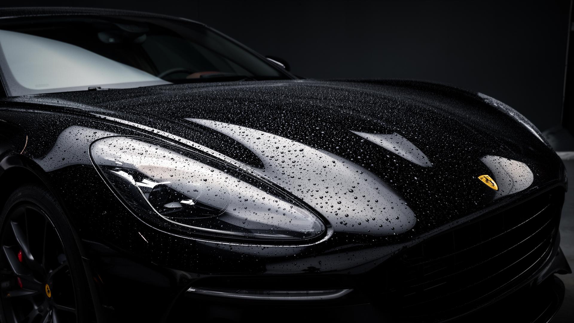Freshly detailed black sports car with water beads